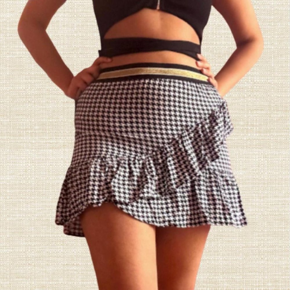 Discontinued Houndstooth Checkered Miniskirt with Ruffle Detail